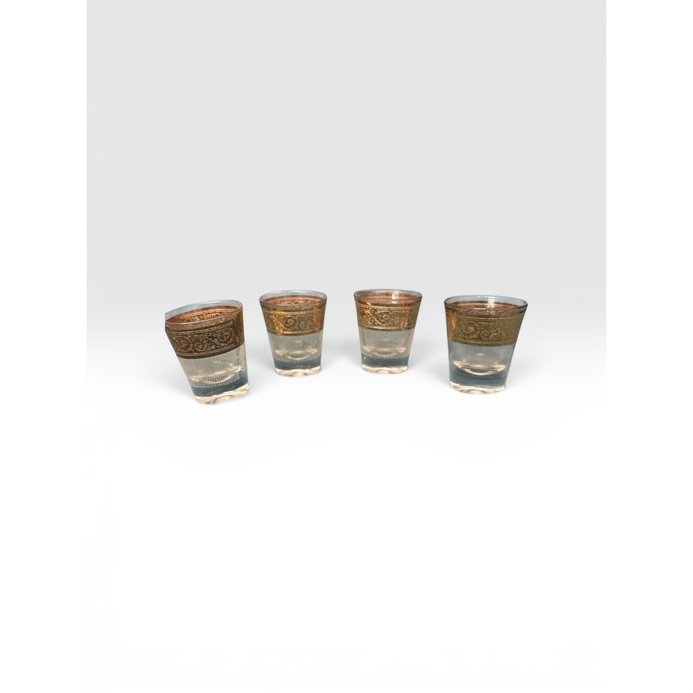 Starlyte Vintage Culver 22k Gold Filigree Ribbed Shot Glasses Set of 4 MCM Bar